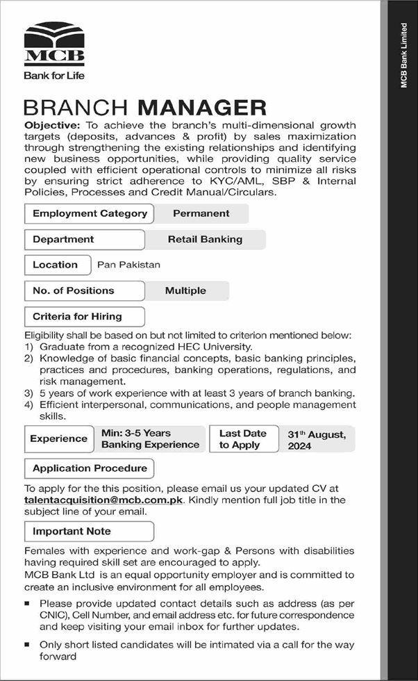 Branch Manager Jobs in MCB Bank August 2024 Latest