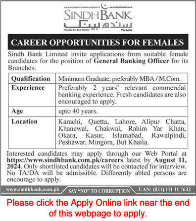 General Banking Officer Jobs in Sindh Bank August 2024 Apply Online GBO Latest