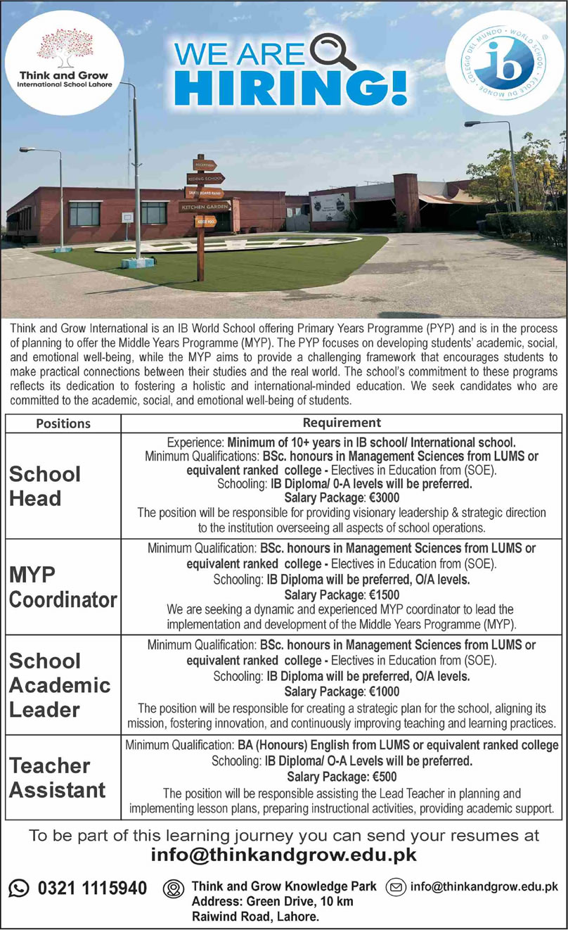 Think and Grow International School Lahore Jobs 2024 August Teacher Assistant & Others Latest