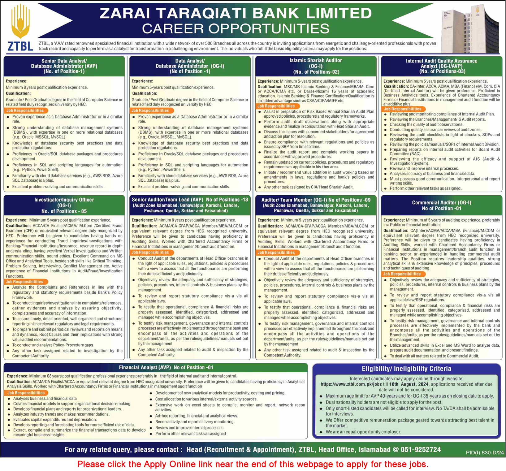 ZTBL Jobs August 2024 Apply Online Auditors, Investigators / Inquiry Officers & Others Latest