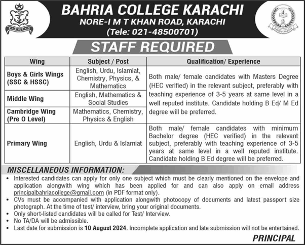Bahria College Karachi Jobs August 2024 Teaching Faculty Latest