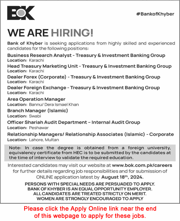 Bank of Khyber Jobs August 2024 Apply Online Relationship Managers / Associates & Others BOK Latest