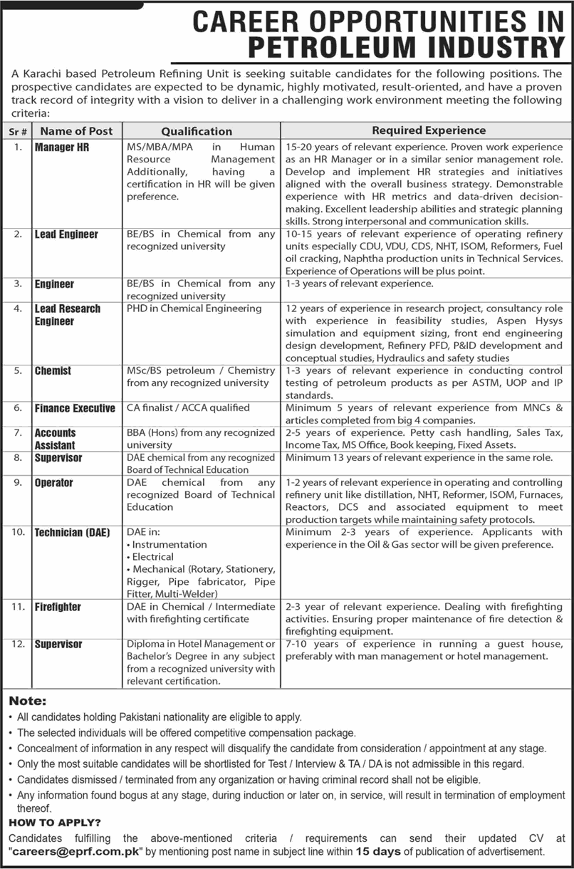 ENAR Petroleum Refining Facility Karachi Jobs 2024 August Technicians, Operators & Others Latest