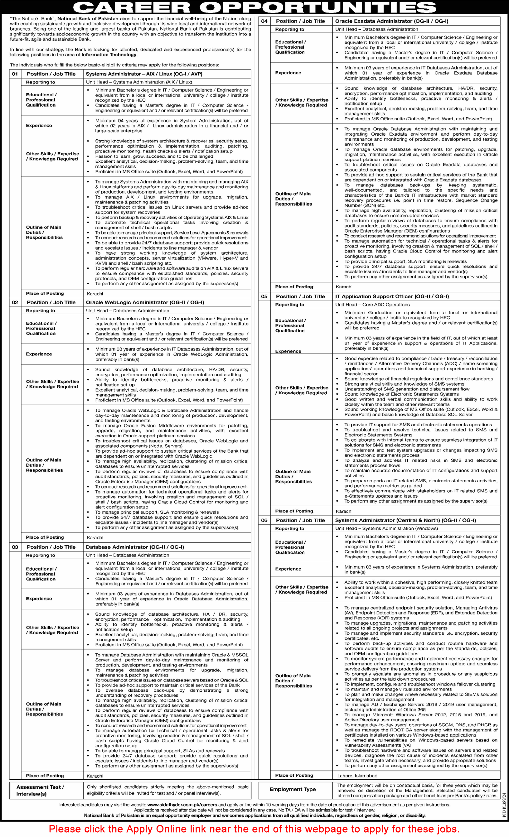 NBP Jobs August 2024 Apply Online System Administrators & Others National Bank of Pakistan Latest