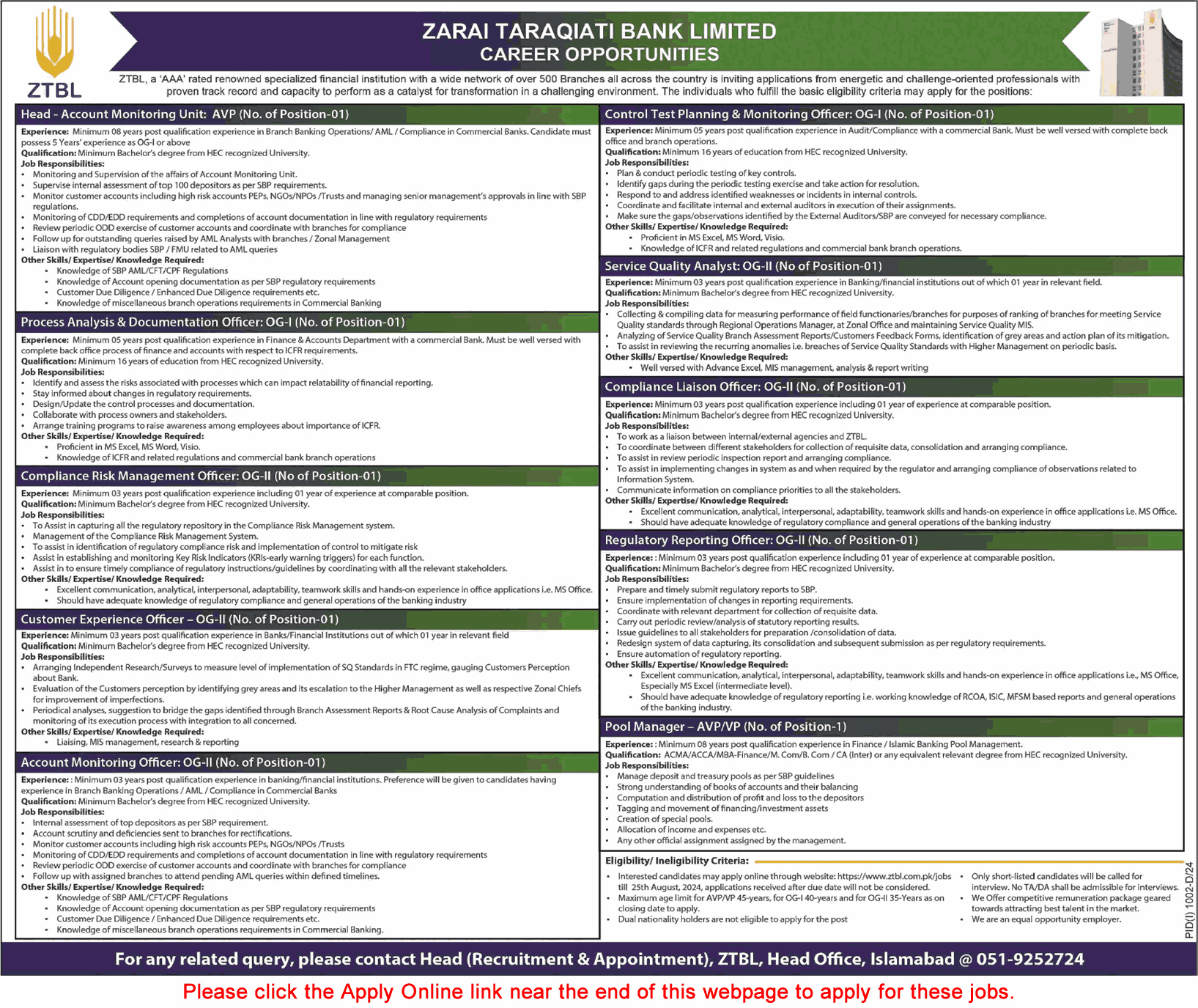 ZTBL Jobs August 2024 Apply Online Zarai Taraqiati Bank Limited Latest