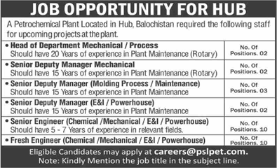 Pakistan Synthetics Limited Hub Jobs 2024 August Engineers & Others Petrochemical Plant Latest
