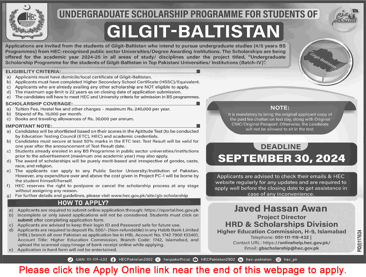 HEC Undergraduate Scholarships 2024 August for Students of Gilgit Baltistan Apply Online Latest