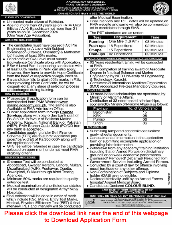 Pakistan Marine Academy Karachi Admission 2025 / 2026 Application Form PMA Join as Nautical / Marine Cadet Latest
