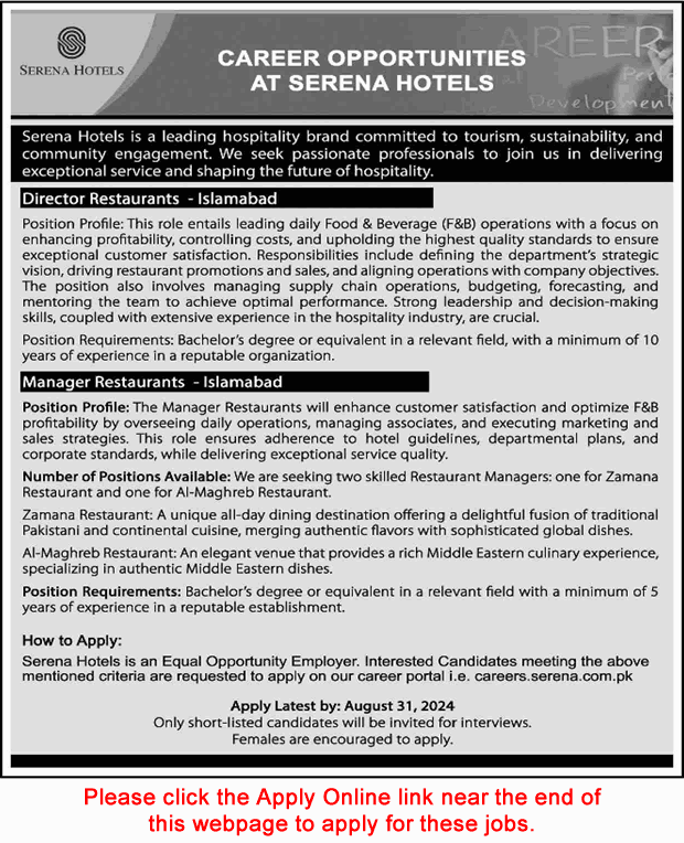 Serena Hotel Islamabad Jobs August 2024 Apply Online Manager & Director Restaurants Latest