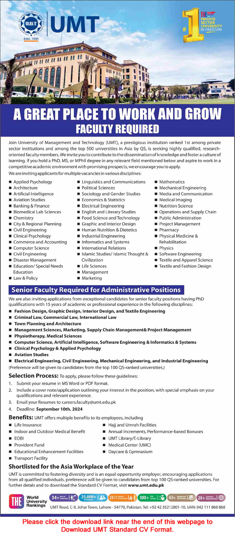 University of Management and Technology Lahore Jobs 2024 August / September Application Form UMT Latest