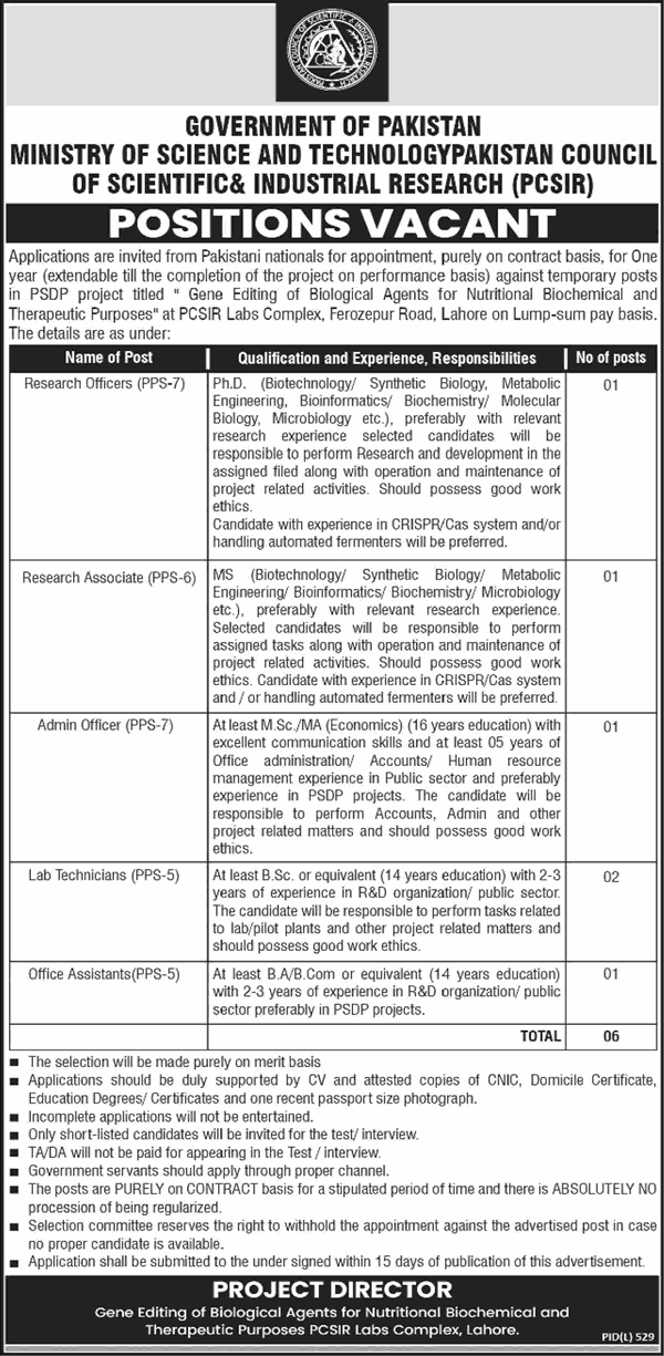 PCSIR Lahore Jobs August 2024 September Lab Technicians, Office Assistant & Others Latest