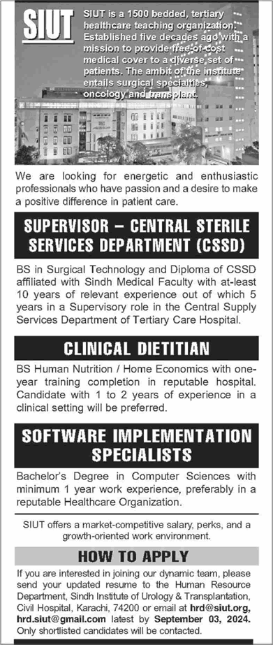 SIUT Hospital Karachi Jobs August 2024 September Clinical Dietitian & Others Latest