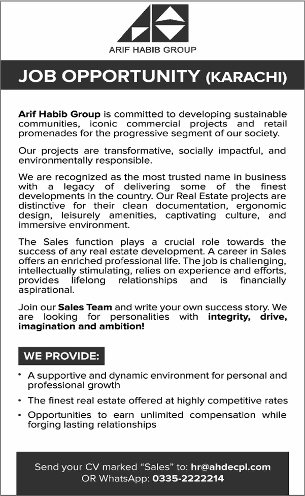 Sales Jobs in Karachi September 2024 at Arif Habib Group Latest