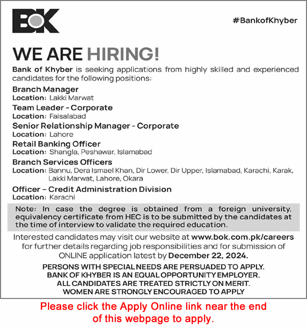 Bank of Khyber Jobs December 2024 Apply Online Branch Services Officers & Others BOK Latest