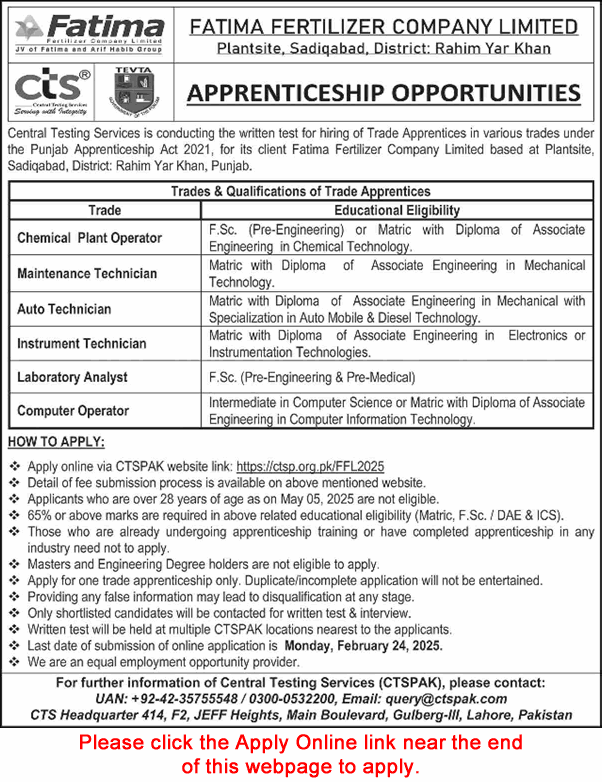 Fatima Fertilizer Apprenticeships 2025 February CTS Online Apply FFCL Rahim Yar Khan Latest