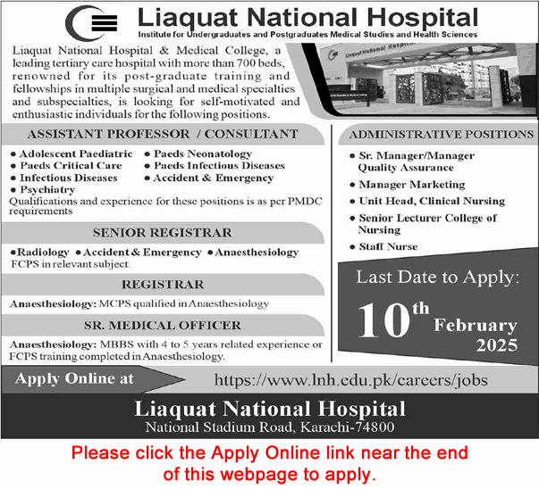 Liaquat National Hospital Karachi Jobs 2025 February Apply Online Teaching Faculty & Others Latest