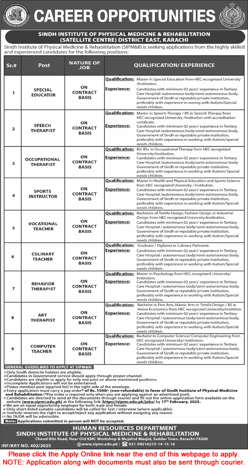 Sindh Institute of Physical Medicine and Rehabilitation Karachi Jobs 2025 February Apply Online SIPMR Latest