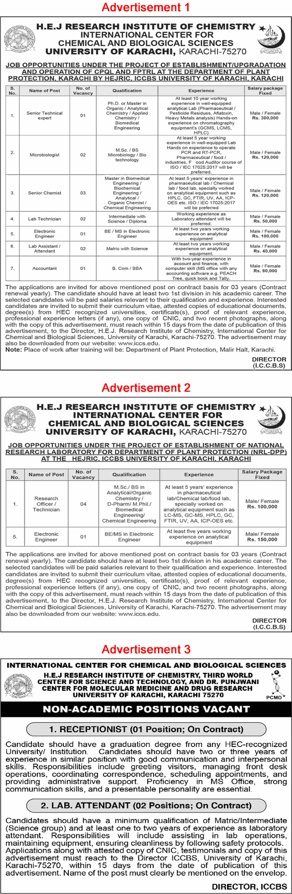 ICCBS University of Karachi Jobs March 2025 Research Officers / Technicians, Chemists & Others Latest