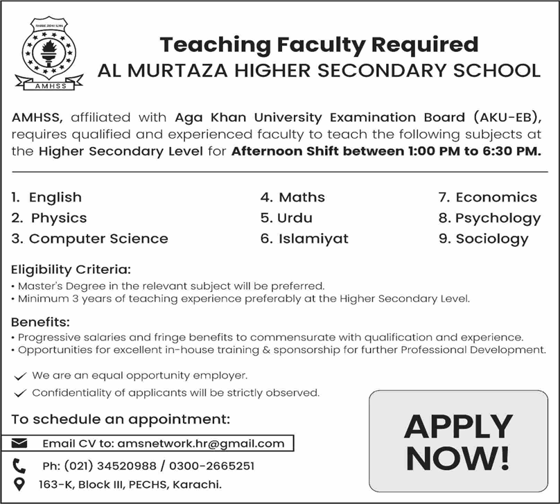 Al Murtaza Higher Secondary School Karachi Jobs 2025 March Teaching Faculty AMHSS Latest