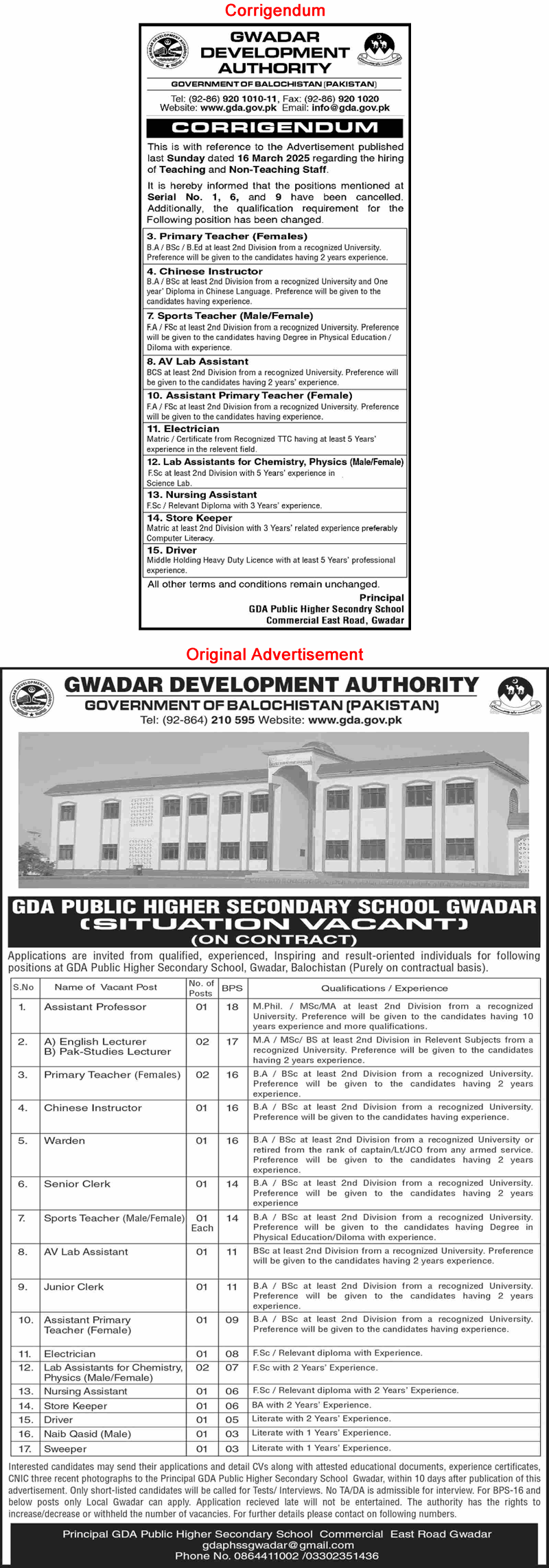 GDA Public Higher Secondary School Gwadar Jobs March 2025 Teaching Faculty & Others Corrigendum Latest