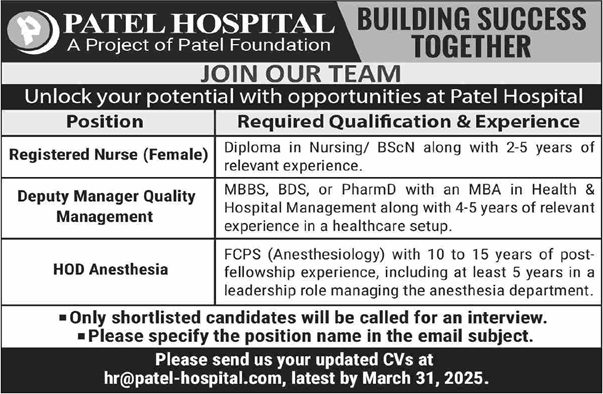 Patel Hospital Karachi Jobs March 2025 Nurses, Deputy Manager & Anesthesia Specialist Latest