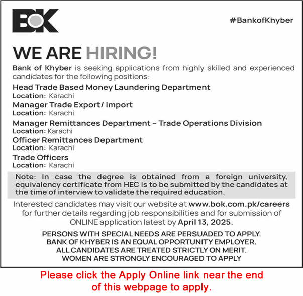 Bank of Khyber Jobs March 2025 April Apply Online Trade Officers & Others BOK Latest