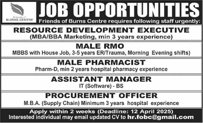 Friends of Burns Centre Karachi Jobs 2025 March / April Resident Medical Officer, Pharmacist & Others Latest
