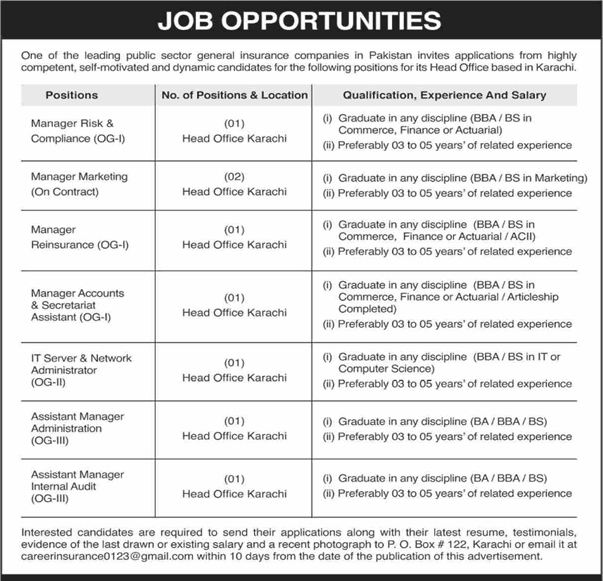 PO Box 122 Karachi Jobs 2025 March / April Marketing Managers & Others Public Sector General Insurance Company Latest