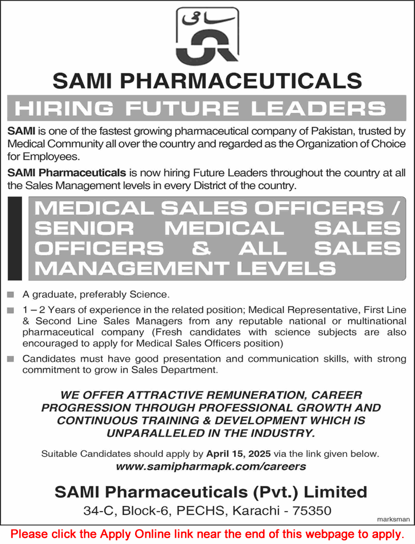 SAMI Pharmaceuticals Pvt Ltd Jobs 2025 April Apply Online Medical Sales Officers & Others Latest