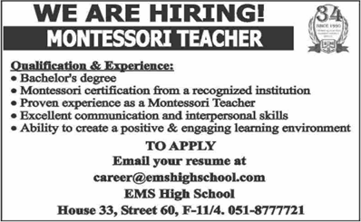 Montessori Teacher Jobs in EMS High School Islamabad April 2025 Montessori Directress Latest