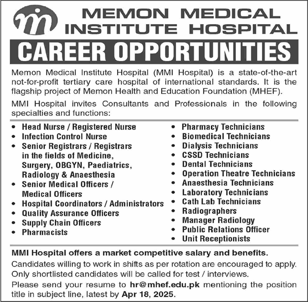 Memon Medical Institute Hospital Karachi Jobs April 2025 Nurses, Medical Technicians & Others MMI Latest