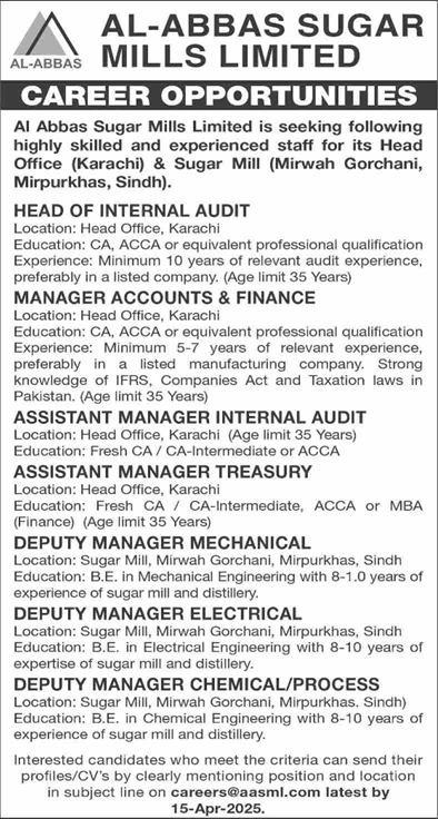 Al Abbas Sugar Mills Limited Jobs 2025 April Assistant / Deputy Managers & Others Latest