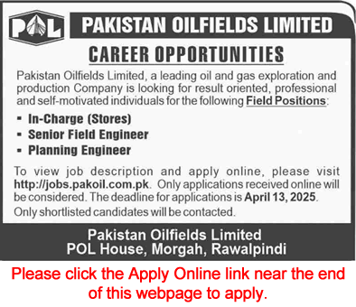 Pakistan Oilfields Limited Jobs April 2025 Apply Online Field / Planning Engineers & Store Incharge POL Latest