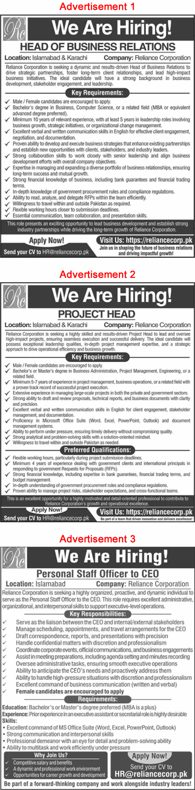 Reliance Corporation Islamabad / Karachi Jobs 2025 April Project Head, Business Relations & Personal Staff Officer Latest