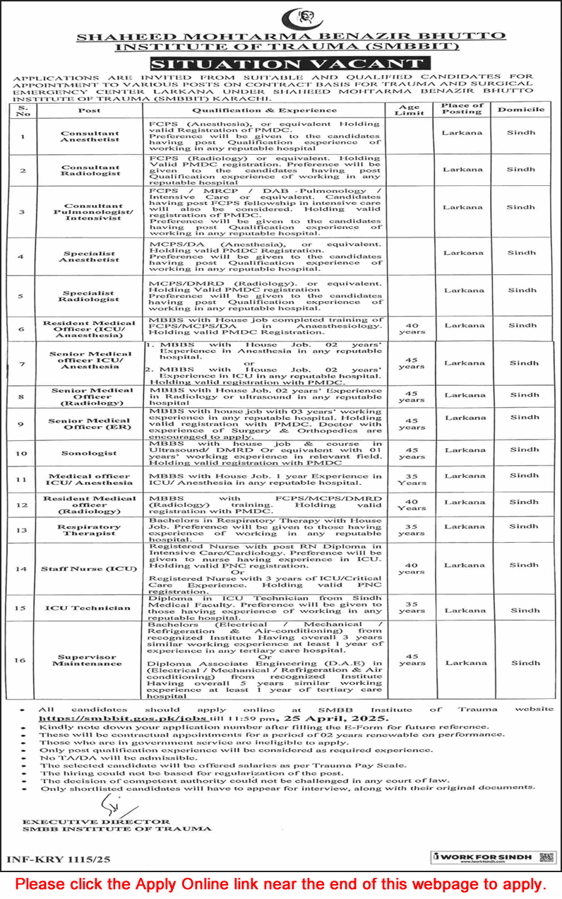 Shaheed Mohtarma Benazir Bhutto Institute of Trauma Karachi Jobs April 2025 Apply Online SMBBIT Latest