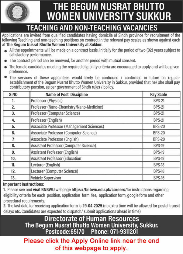 Begum Nusrat Bhutto Women University Sukkur Jobs 2025 April Apply Online Teaching Faculty & Others Latest