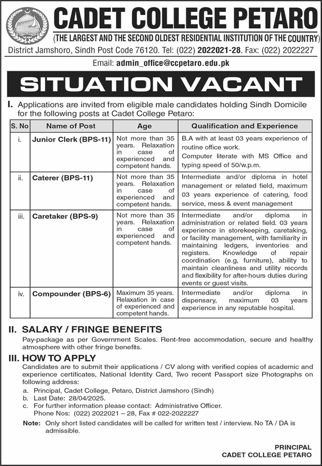 Cadet College Petaro Jobs April 2025 Clerk, Caretaker, Caterer & Compounder Latest