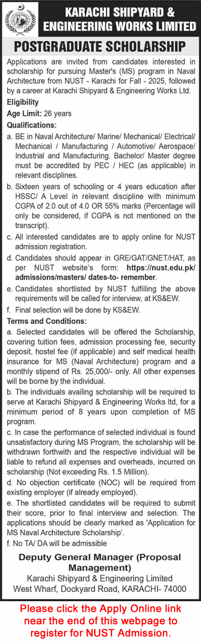 Karachi Shipyard and Engineering Works Postgraduate Scholarships 2025 April Apply Online KSEW Latest