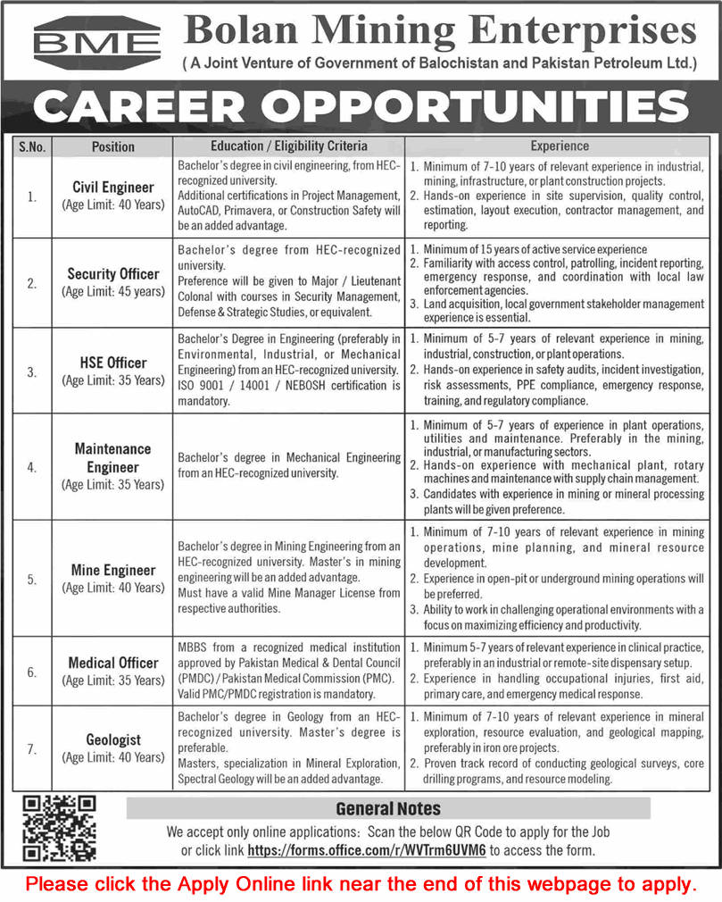 Bolan Mining Enterprises Quetta Jobs April 2025 Apply Online Civil / Maintenance Engineers & Other BME Latest