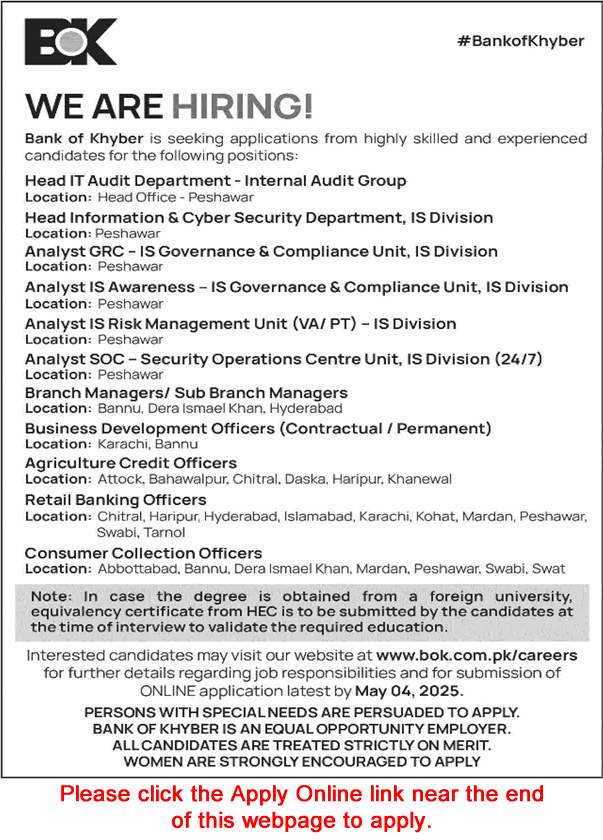 Bank of Khyber Jobs April 2025 Apply Online Retail Banking Officers, Agriculture Credit Officers & Others BOK Latest