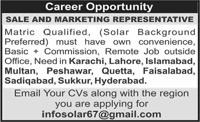 Sales and Marketing Representative Jobs in Pakistan April 2025 Solar Company Latest