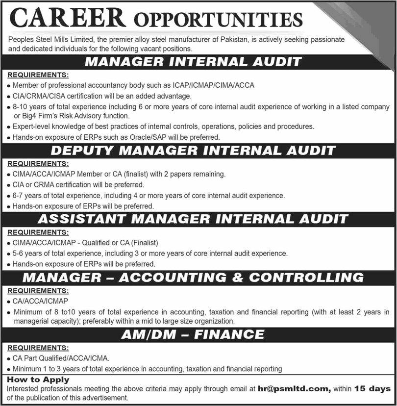 Peoples Steel Mills Limited Jobs April 2025 Deputy / Assistant Manager PSML Latest