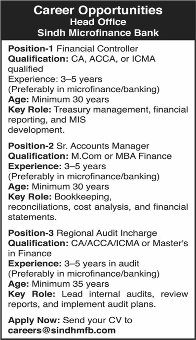 Sindh Microfinance Bank Jobs 2025 April Accounts Manager, Financial Controller & Audit Incharge Latest