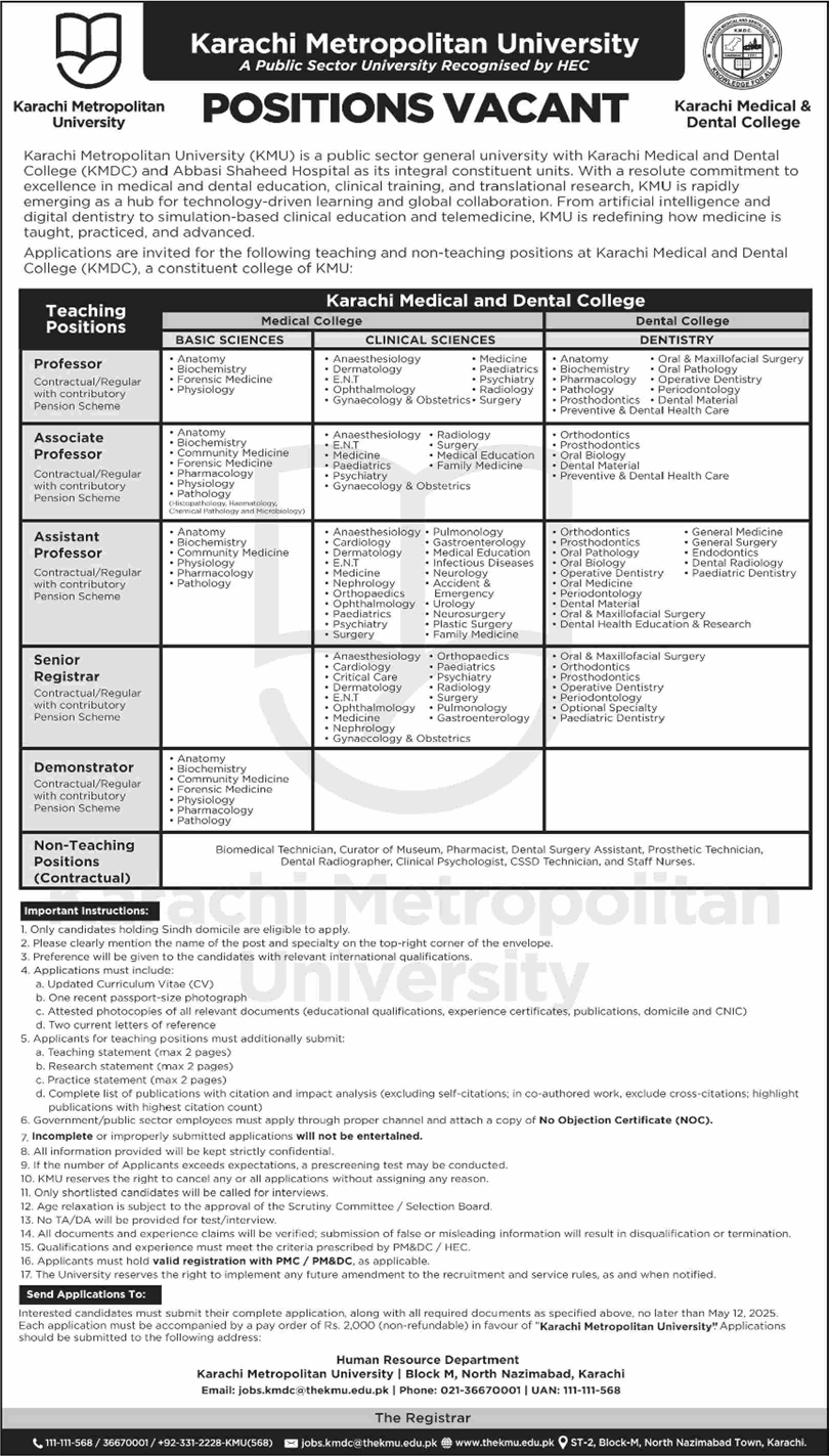 Karachi Metropolitan University Jobs 2025 April / May Teaching Faculty & Other KMU Latest