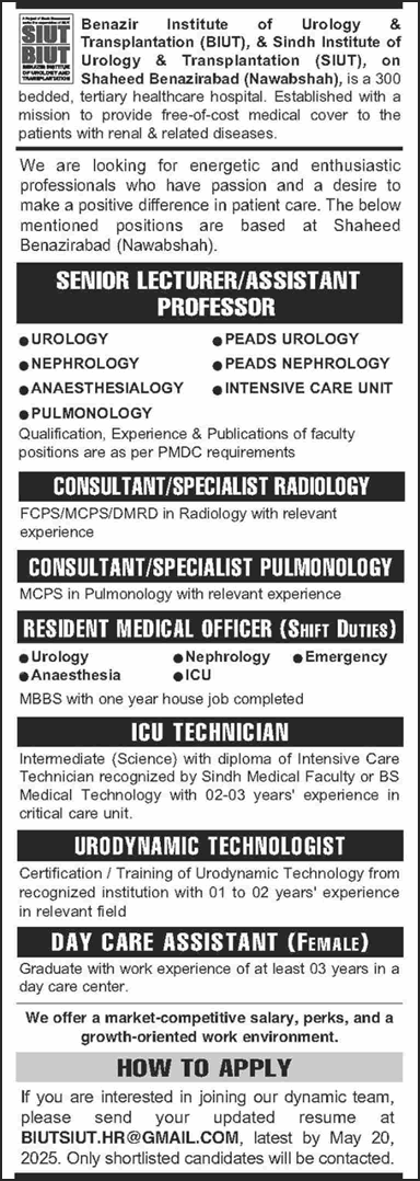 SIUT Nawabshah Jobs April 2025 May BIUT Teaching Faculty, Medical Officers & Others Latest