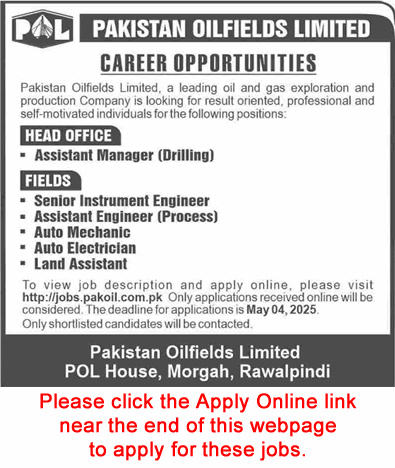 Pakistan Oilfields Limited Jobs April 2025 May Apply Online Assistant Managers & Others POL Latest
