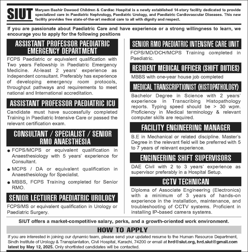 SIUT Hospital Karachi Jobs April 2025 May April Teaching Faculty & Others Maryam Bashir Dawood Children & Cardiac Hospital Latest