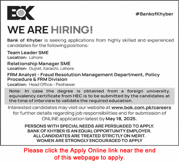 Bank of Khyber Jobs May 2025 Apply Online Relationship Managers & Others BOK Latest