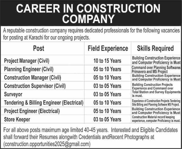 Construction Company Jobs in Karachi May 2025 Civil Engineers, Construction Supervisor & Others Latest