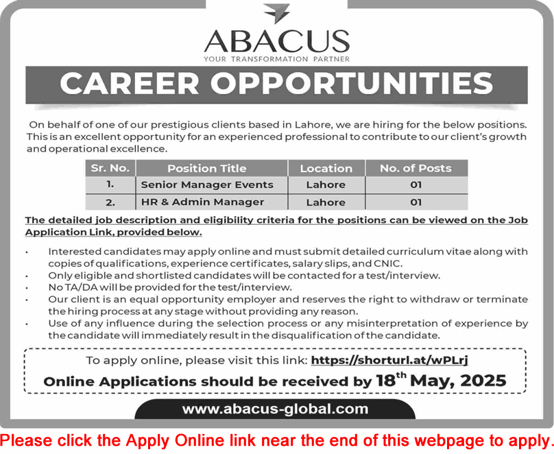 ABACUS Lahore Jobs May 2025 Apply Online HR / Admin Manager & Events Manager Latest